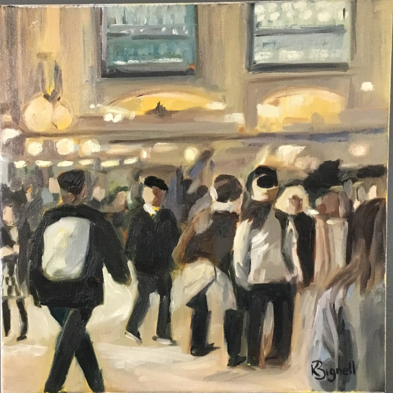 May include: A painting of a crowded train station with people in various shades of brown, black, and white. The painting is done in a loose, impressionistic style.