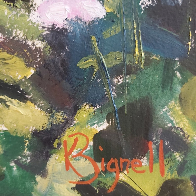 May include: A close-up of a painting with a signature in red paint that reads "Bignell". The painting features a green, yellow, and blue abstract background.