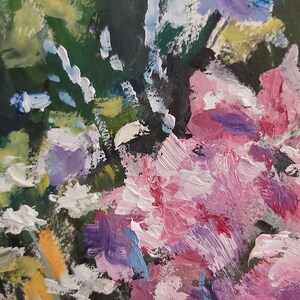 May include: Abstract painting with pink, purple, white, and green brushstrokes. The painting has a textured look and feel.