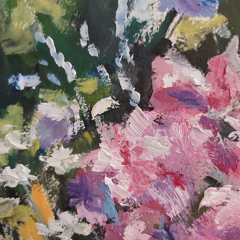 May include: Abstract painting with pink, purple, white, and green brushstrokes. The painting has a textured look and feel.