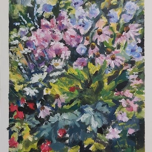 May include: A painting of a colorful bouquet of flowers in shades of pink, blue, white, and green. The flowers are arranged in a vase and are surrounded by green leaves. The painting is done in a loose, impressionistic style.