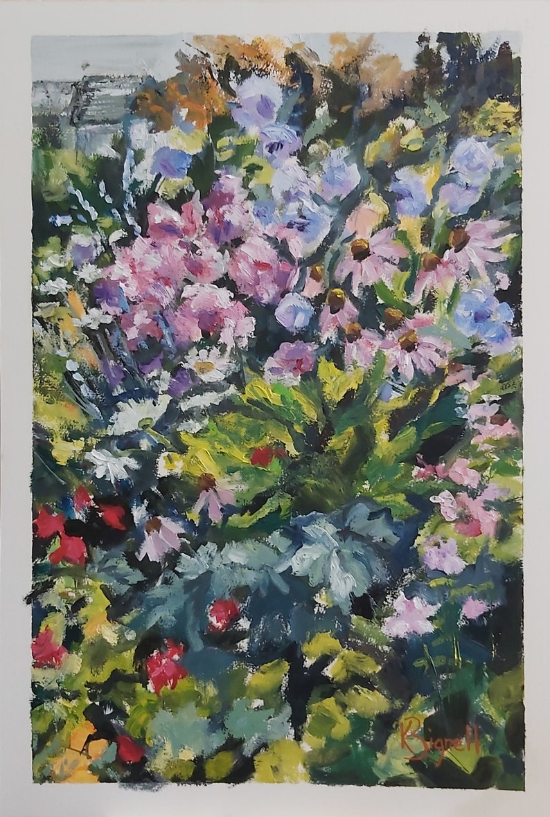 May include: A painting of a colorful bouquet of flowers in shades of pink, blue, white, and green. The flowers are arranged in a vase and are surrounded by green leaves. The painting is done in a loose, impressionistic style.