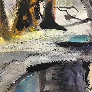May include: Abstract watercolor painting with a dark blue, black, and white color scheme. The painting features a series of vertical lines and shapes, creating a sense of depth and movement.