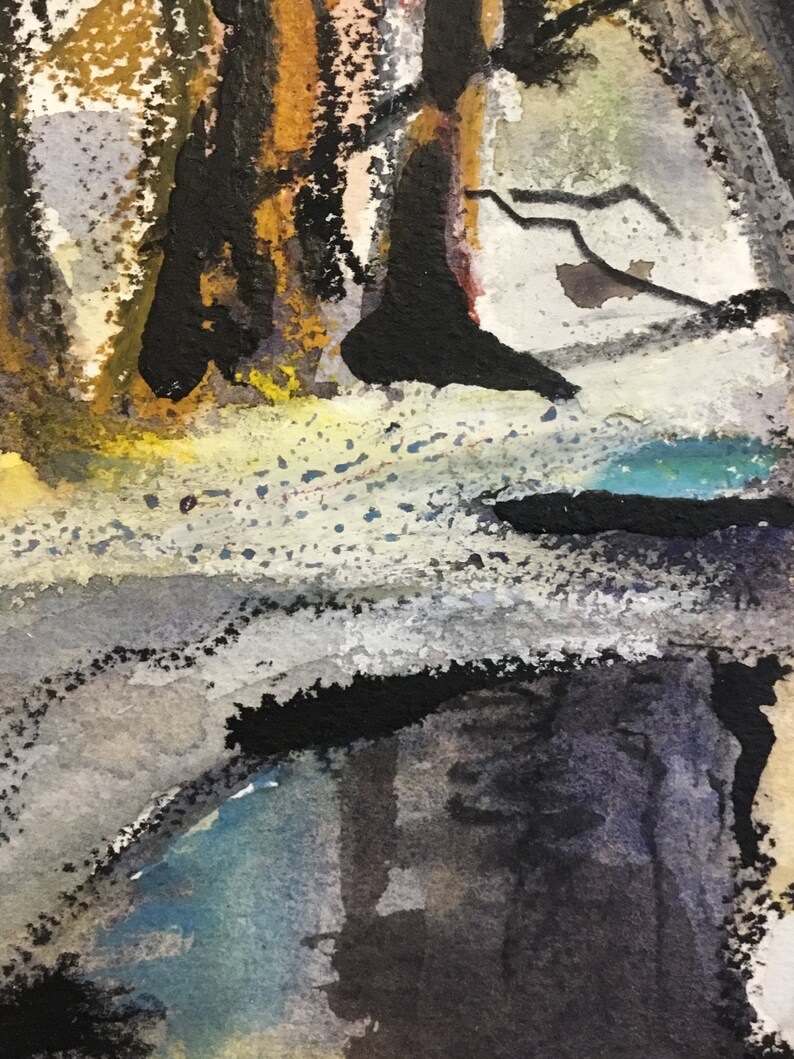 May include: Abstract watercolor painting with a dark blue, black, and white color scheme. The painting features a series of vertical lines and shapes, creating a sense of depth and movement.