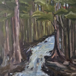 May include: Oil painting of a forest scene with a waterfall. The artwork depicts tall trees with green foliage and brown trunks. A stream of water cascades down a rocky slope, creating a sense of depth and movement in the landscape.