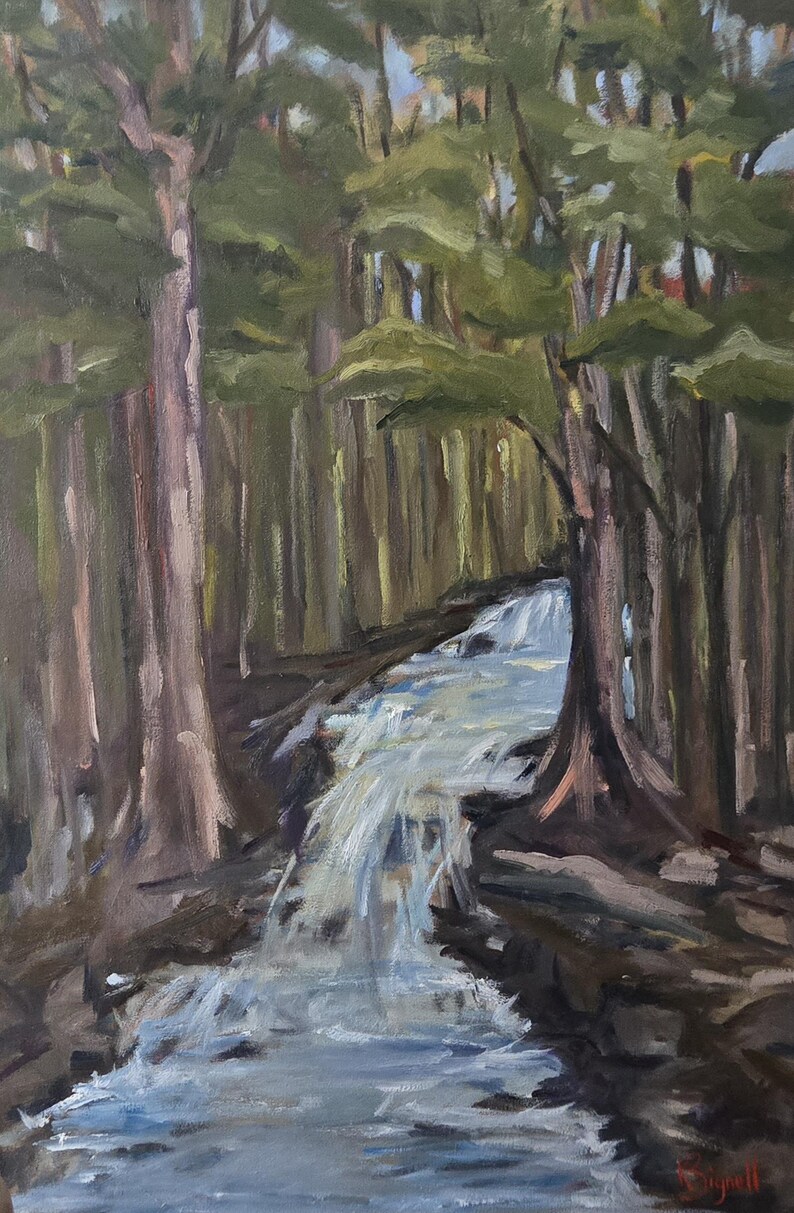 May include: Oil painting of a forest scene with a waterfall. The artwork depicts tall trees with green foliage and brown trunks. A stream of water cascades down a rocky slope, creating a sense of depth and movement in the landscape.
