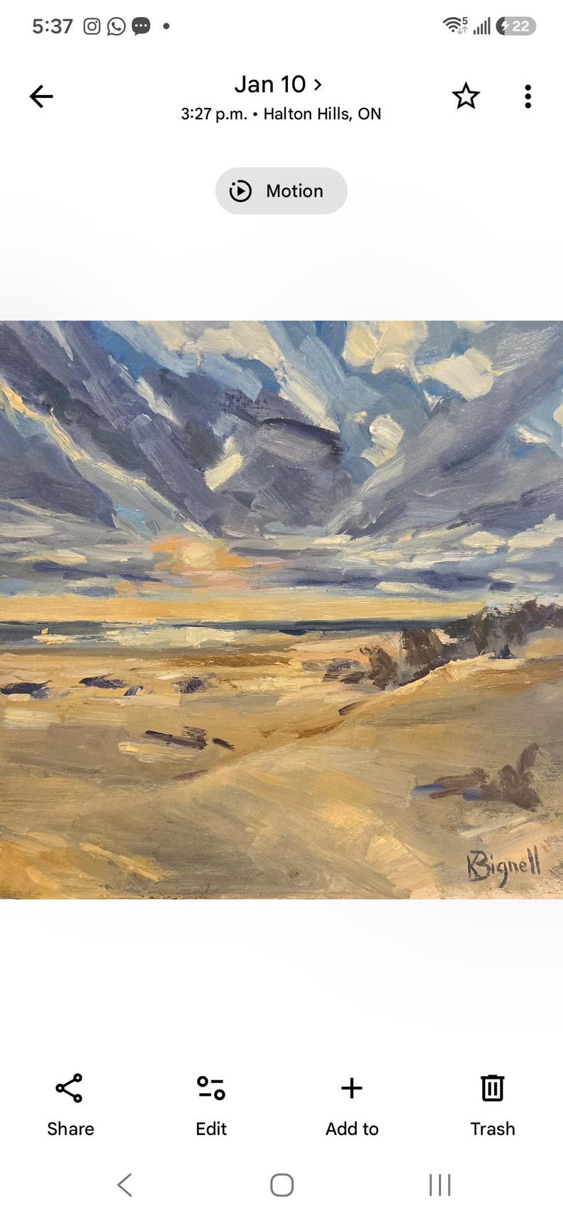 May include: An oil painting on canvas depicting a coastal landscape with a sandy beach in the foreground, a dark blue ocean horizon, and a dramatic sky filled with thick, textured clouds in shades of blue, grey, and white. The name Bignell is signed.