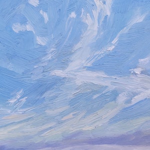 May include: A painting of a blue sky with white clouds. The clouds are painted with thick strokes of white paint, creating a textured effect. The sky is a light blue color, and the clouds are a lighter shade of white.
