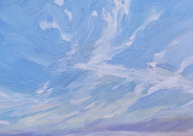 May include: A painting of a blue sky with white clouds. The clouds are painted with thick strokes of white paint, creating a textured effect. The sky is a light blue color, and the clouds are a lighter shade of white.