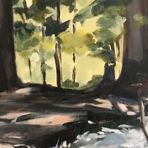May include: An oil painting depicting a forest scene with a river in the foreground. The painting features a palette of greens, browns, and whites, with sunlight filtering through the trees. The brushstrokes are visible, adding texture to the artwork.