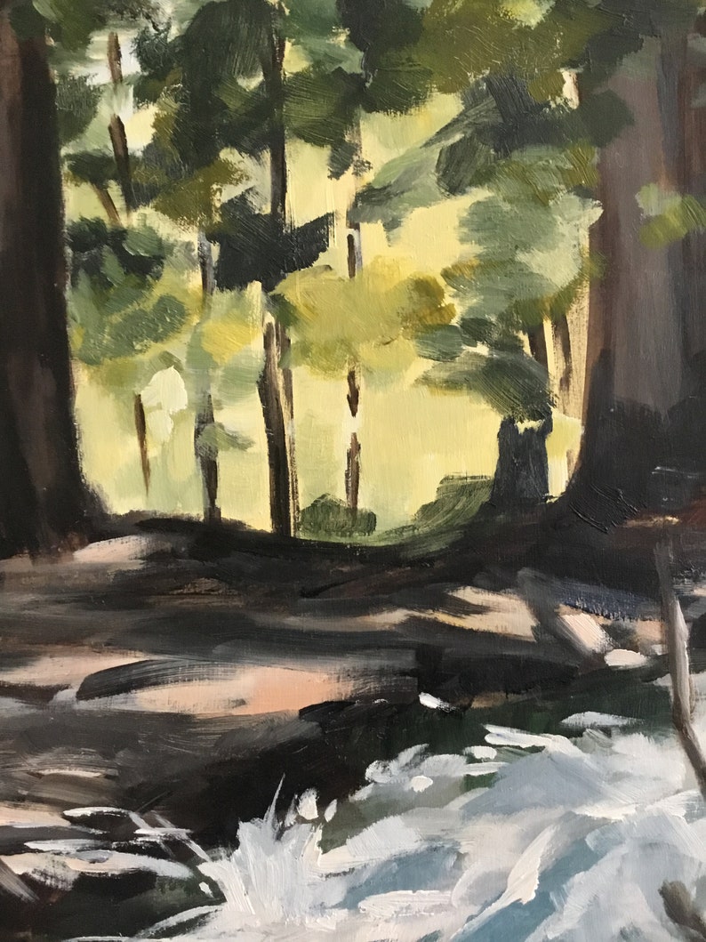 May include: An oil painting depicting a forest scene with a river in the foreground. The painting features a palette of greens, browns, and whites, with sunlight filtering through the trees. The brushstrokes are visible, adding texture to the artwork.