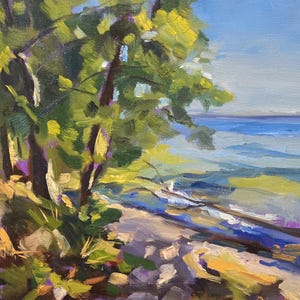 May include: A painting of a lakeshore scene with a bright blue sky and water. Lush green trees frame the view, with their branches reaching towards the water. The shoreline is a mix of sand and rocks, with a few small waves lapping at the shore.