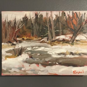 May include: A painting of a snowy forest scene with a stream in the foreground. The trees are bare and the stream is partially frozen. The painting is done in a loose, impressionistic style.