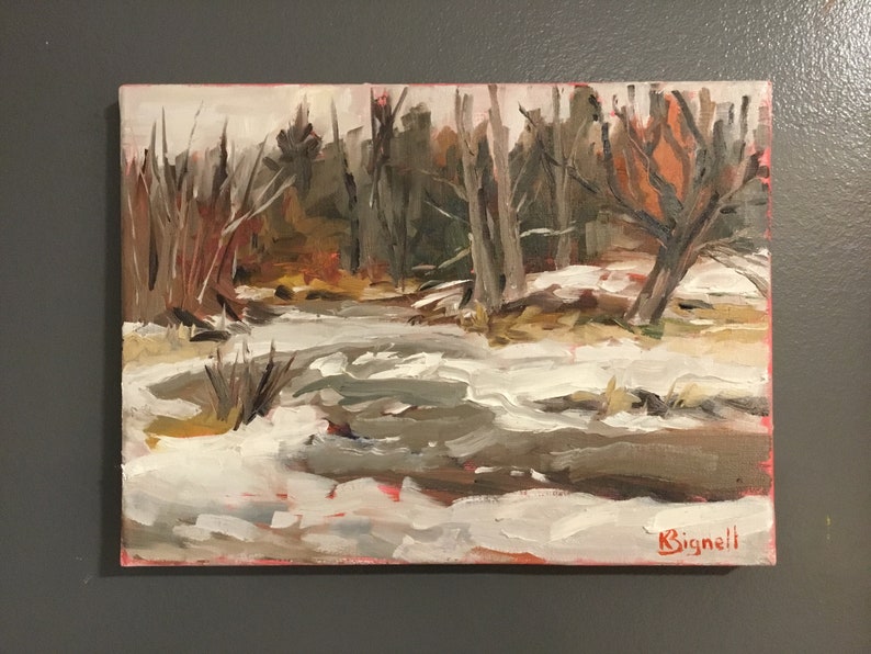 May include: A painting of a snowy forest scene with a stream in the foreground. The trees are bare and the stream is partially frozen. The painting is done in a loose, impressionistic style.