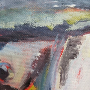 May include: Abstract painting with bold brushstrokes in shades of blue, green, red, and yellow. The painting has a textured surface and a contemporary style.