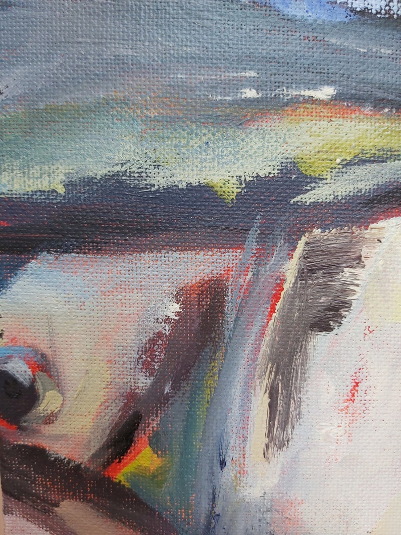 May include: Abstract painting with bold brushstrokes in shades of blue, green, red, and yellow. The painting has a textured surface and a contemporary style.