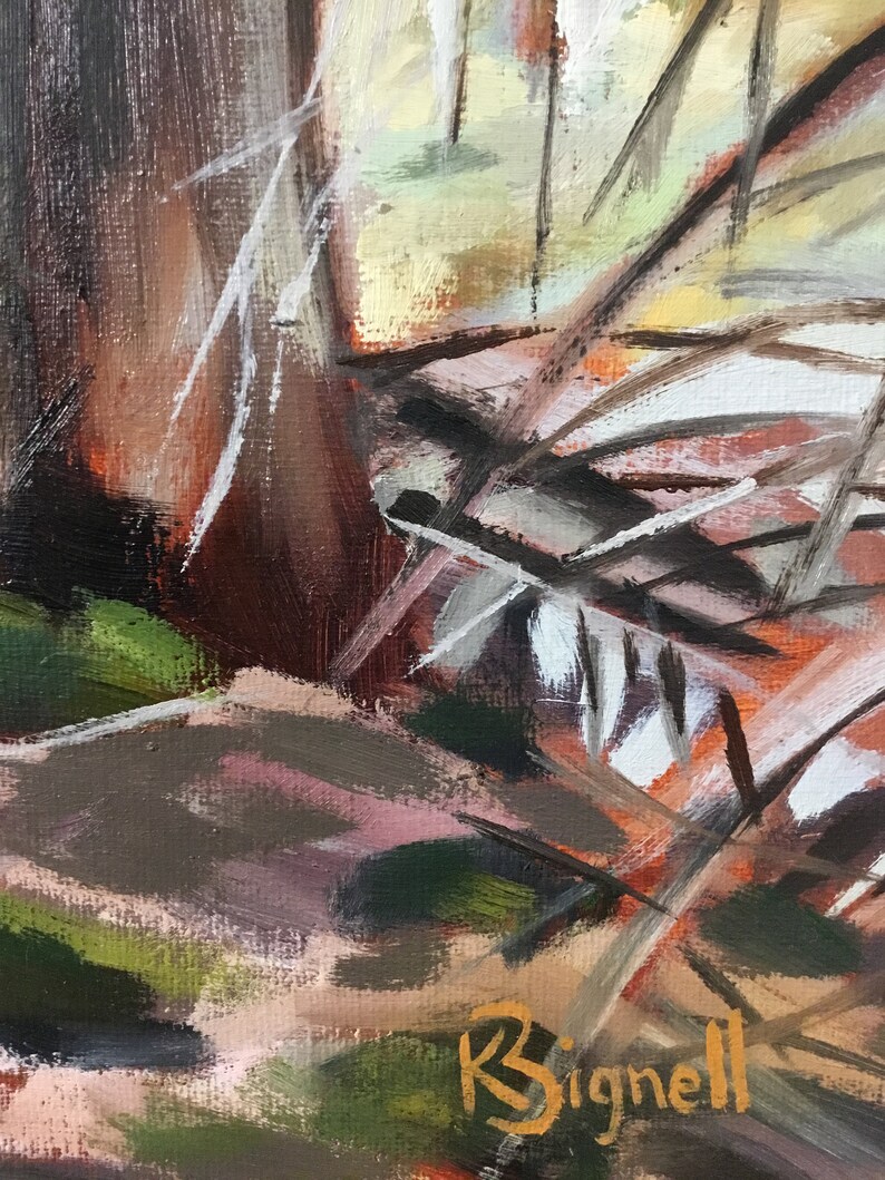 May include: Abstract painting with brown, green, and white brushstrokes. The artist's signature, "R. Bignell", is visible in the lower right corner.