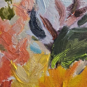 May include: Close-up of an impressionistic oil painting of flowers. The artwork features vibrant brushstrokes in shades of yellow, orange, pink, green, and blue. The painting evokes a sense of warmth and natural beauty, capturing the essence of a floral arrangement.