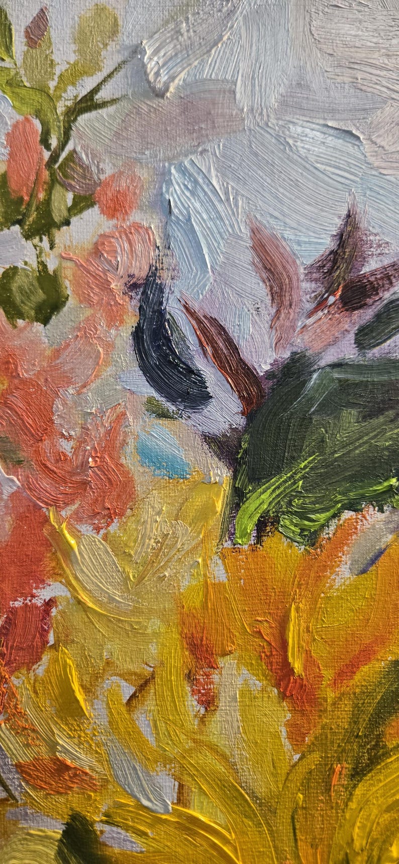 May include: Close-up of an impressionistic oil painting of flowers. The artwork features vibrant brushstrokes in shades of yellow, orange, pink, green, and blue. The painting evokes a sense of warmth and natural beauty, capturing the essence of a floral arrangement.