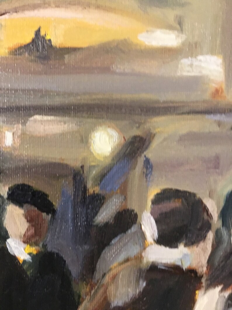 May include: A painting of a dark, rocky shoreline with a hazy, yellow sky in the background. The sky is painted with a light, airy brushstroke, while the rocks are painted with a more textured, impasto style.