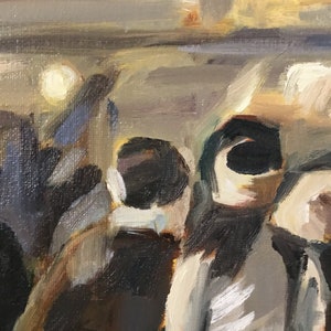 May include: A painting of a group of people in a crowd. The people are painted in a loose, impressionistic style with a focus on their faces and expressions. The painting is done in shades of brown, gray, and white.