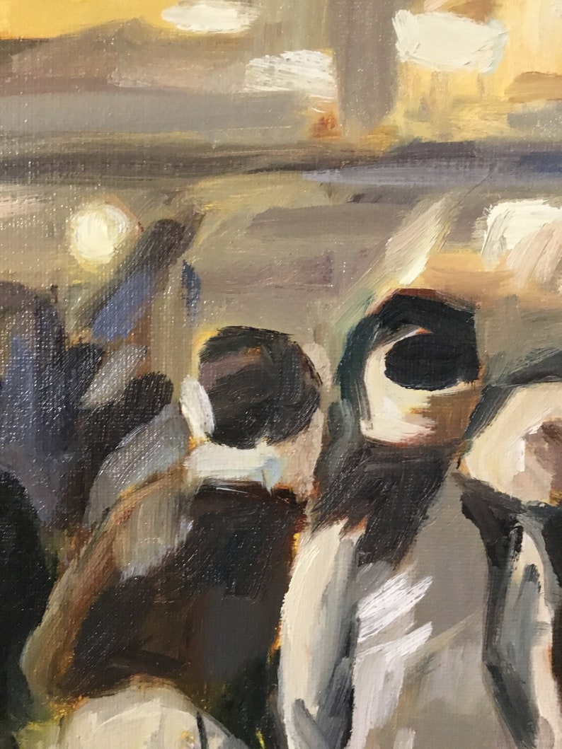 May include: A painting of a group of people in a crowd. The people are painted in a loose, impressionistic style with a focus on their faces and expressions. The painting is done in shades of brown, gray, and white.