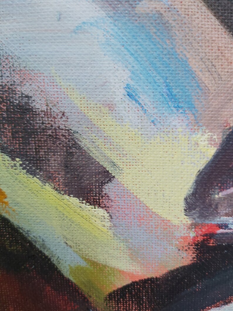 May include: Abstract painting with strokes of blue, yellow, green, pink, and black paint on a textured canvas.