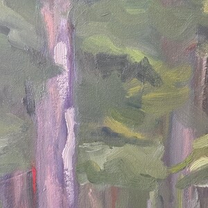 May include: An abstract oil painting of a forest scene. The artwork features vertical tree trunks in shades of purple, brown, and gray, with green foliage and hints of yellow. The brushstrokes are visible, creating a textured effect.
