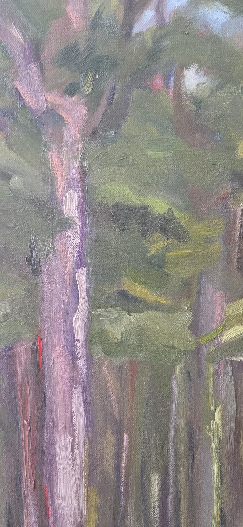 May include: An abstract oil painting of a forest scene. The artwork features vertical tree trunks in shades of purple, brown, and gray, with green foliage and hints of yellow. The brushstrokes are visible, creating a textured effect.