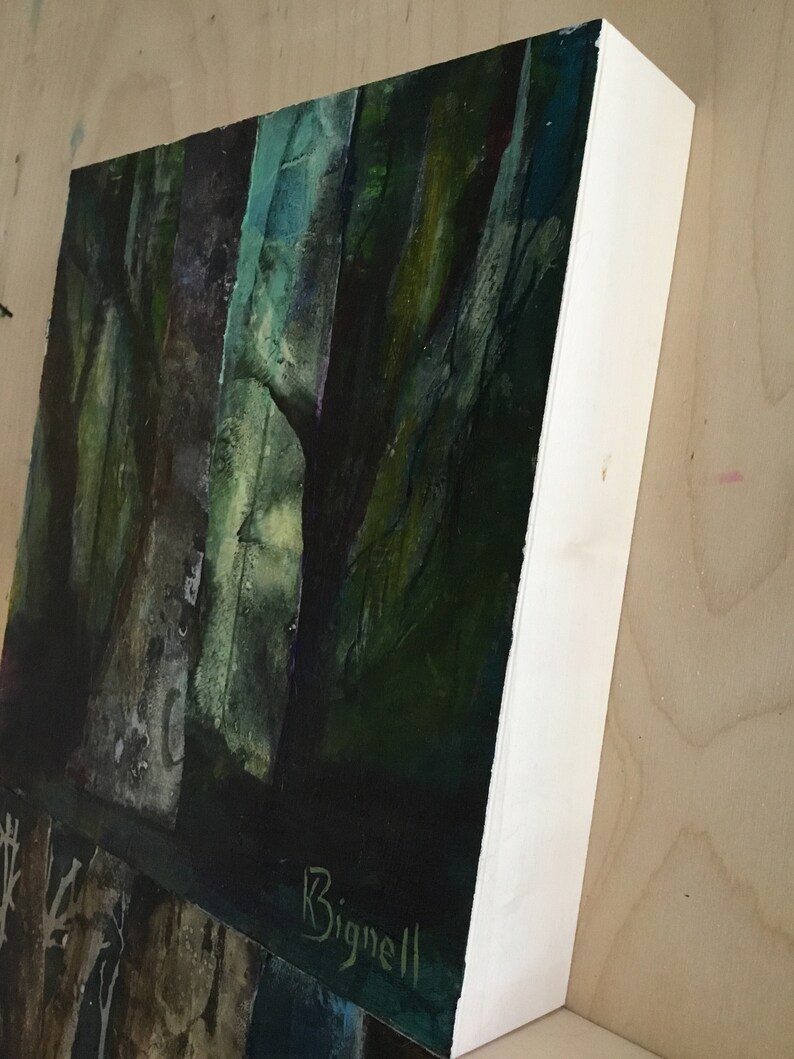 K&ouml;nnte beinhalten: Abstrakte Malerei auf Leinwand in einem dunklen Gr&uuml;n-, Blau- und Violett-Farbschema. Das Gem&auml;lde ist unten rechts mit "Bignell" signiert.