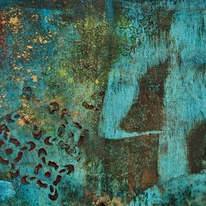 May include: Abstract painting with a teal, green, and brown color scheme. The painting features a textured background with a pattern of brown shapes.