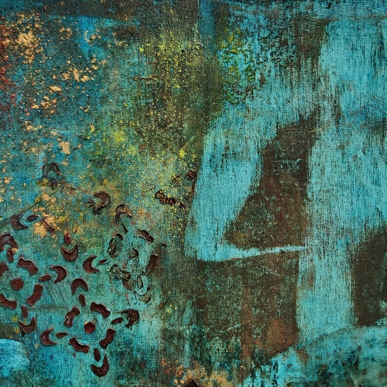 May include: Abstract painting with a teal, green, and brown color scheme. The painting features a textured background with a pattern of brown shapes.