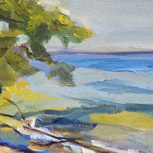 May include: A painting of a seascape with a green tree in the foreground and blue water in the background. The water is painted with thick brushstrokes, creating a textured effect.