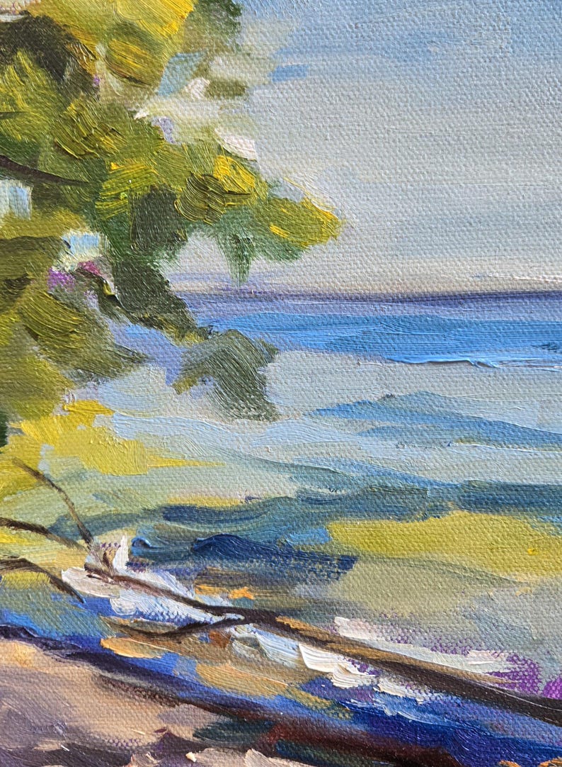 May include: A painting of a seascape with a green tree in the foreground and blue water in the background. The water is painted with thick brushstrokes, creating a textured effect.