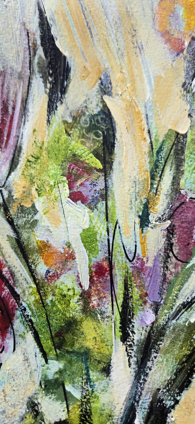Pode incluir: Uma pintura abstrata com pinceladas espessas e texturizadas em tons de creme, amarelo p&aacute;lido, verde floresta, magenta profundo e preto. A composi&ccedil;&atilde;o exibe uma aplica&ccedil;&atilde;o de tinta em camadas com t&eacute;cnicas de empaste e linhas pretas finas.