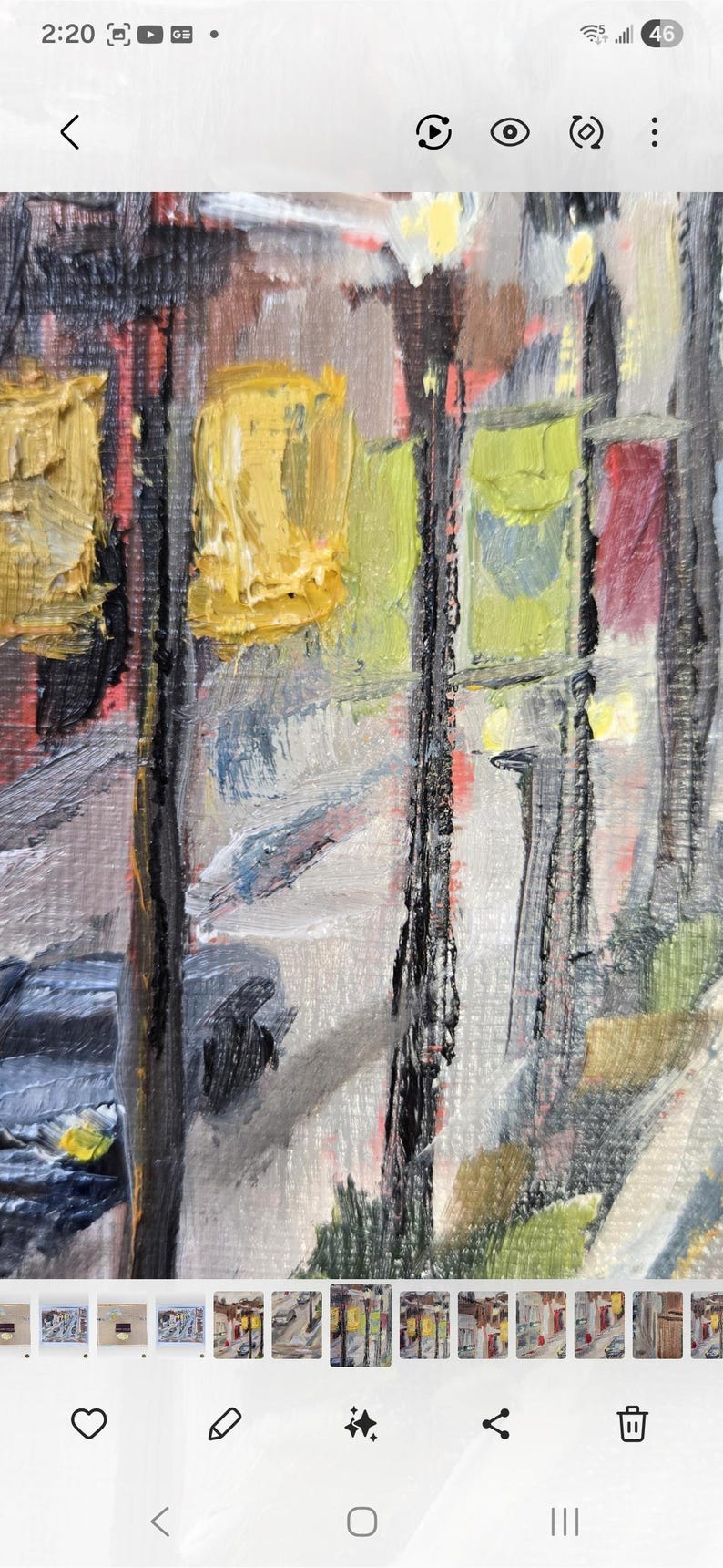 May include: Impressionistic oil painting depicting a street scene with buildings and streetlights. The artwork features thick brushstrokes and a palette of yellow, green, red, and gray. The painting captures the essence of a city landscape.