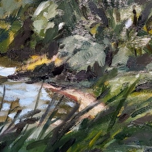 May include: An oil painting depicting a landscape scene with a body of water and lush greenery. The artwork features a palette of greens, blues, and browns, with visible brushstrokes. The painting captures a natural environment with trees and foliage.