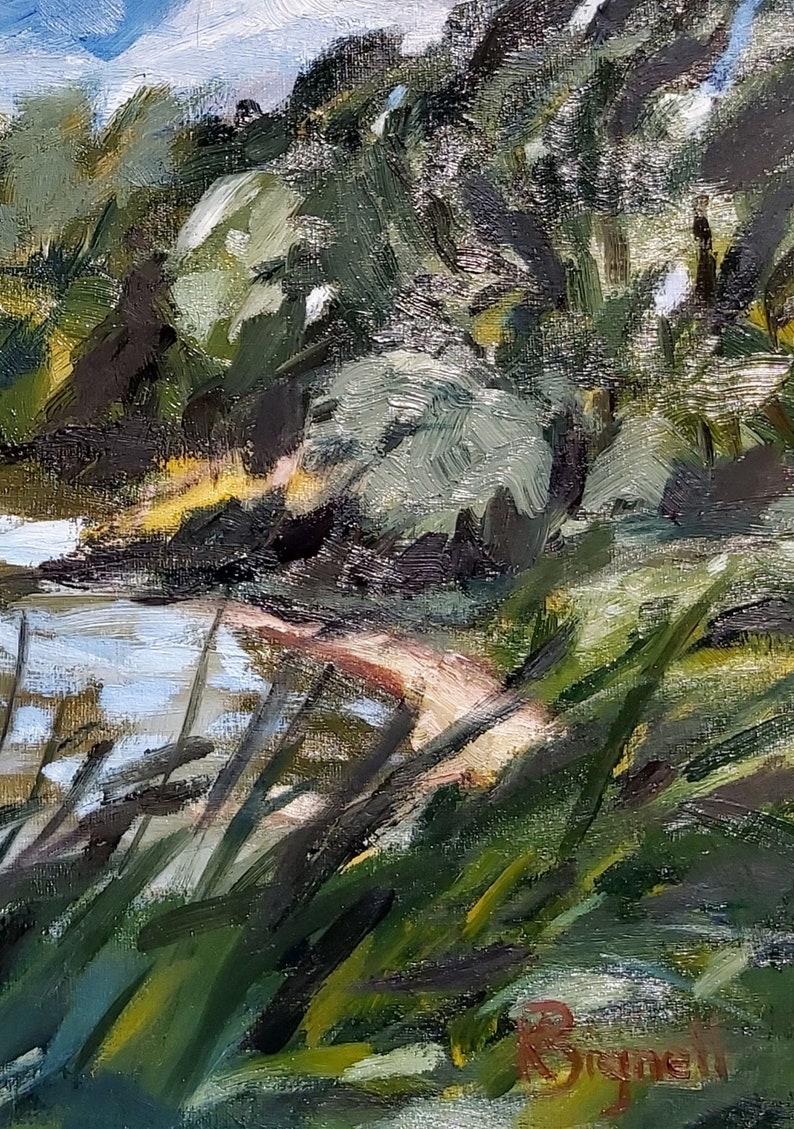 May include: An oil painting depicting a landscape scene with a body of water and lush greenery. The artwork features a palette of greens, blues, and browns, with visible brushstrokes. The painting captures a natural environment with trees and foliage.
