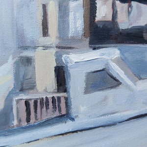 May include: Abstract painting with a mix of light blue, white, and gray colors. The painting features geometric shapes and brushstrokes, creating a sense of depth and texture.