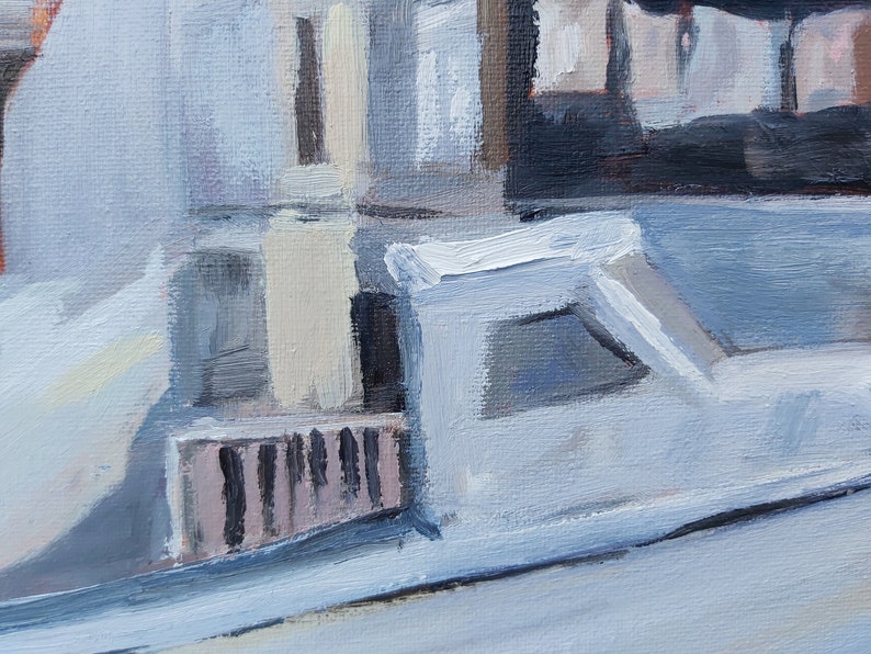 May include: Abstract painting with a mix of light blue, white, and gray colors. The painting features geometric shapes and brushstrokes, creating a sense of depth and texture.