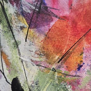 May include: An abstract painting on canvas featuring a vibrant mix of colors including shades of pink, red, orange, green, and purple. The composition is defined by bold, black ink-like lines layered over textured paint strokes and blended washes.