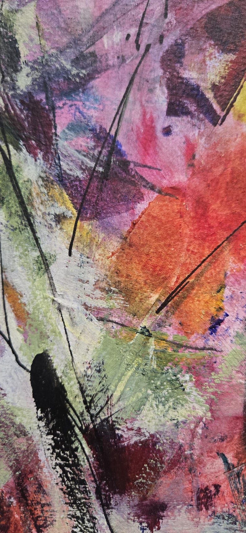 May include: An abstract painting on canvas featuring a vibrant mix of colors including shades of pink, red, orange, green, and purple. The composition is defined by bold, black ink-like lines layered over textured paint strokes and blended washes.