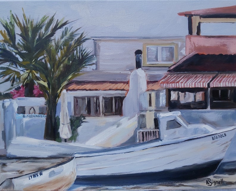 May include: A painting of a white boat docked at a harbor with a white building and palm tree in the background. The boat has the number B3670LS on the side. The painting is signed by the artist, Bignell.