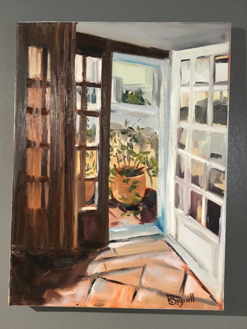 May include: A painting of an open doorway with a view of a patio with a potted plant. The patio is tiled in a light brown color. The doorway is framed by a wooden door and a white door. The painting is signed "Bignell" in the lower right corner.
