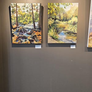 May include: Two landscape paintings hang on a gray wall. The paintings depict forest scenes with trees, water, and rocks. The artwork is displayed in a gallery setting with track lighting.