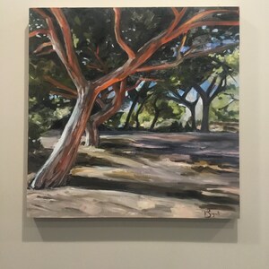 May include: An oil painting of a grove of trees. The foreground features a tree with reddish-orange branches and a light-colored trunk. The background shows more trees with green foliage and a glimpse of blue sky. The artwork is signed in the lower right corner.