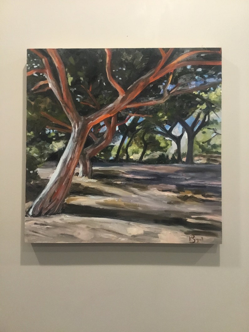 May include: An oil painting of a grove of trees. The foreground features a tree with reddish-orange branches and a light-colored trunk. The background shows more trees with green foliage and a glimpse of blue sky. The artwork is signed in the lower right corner.