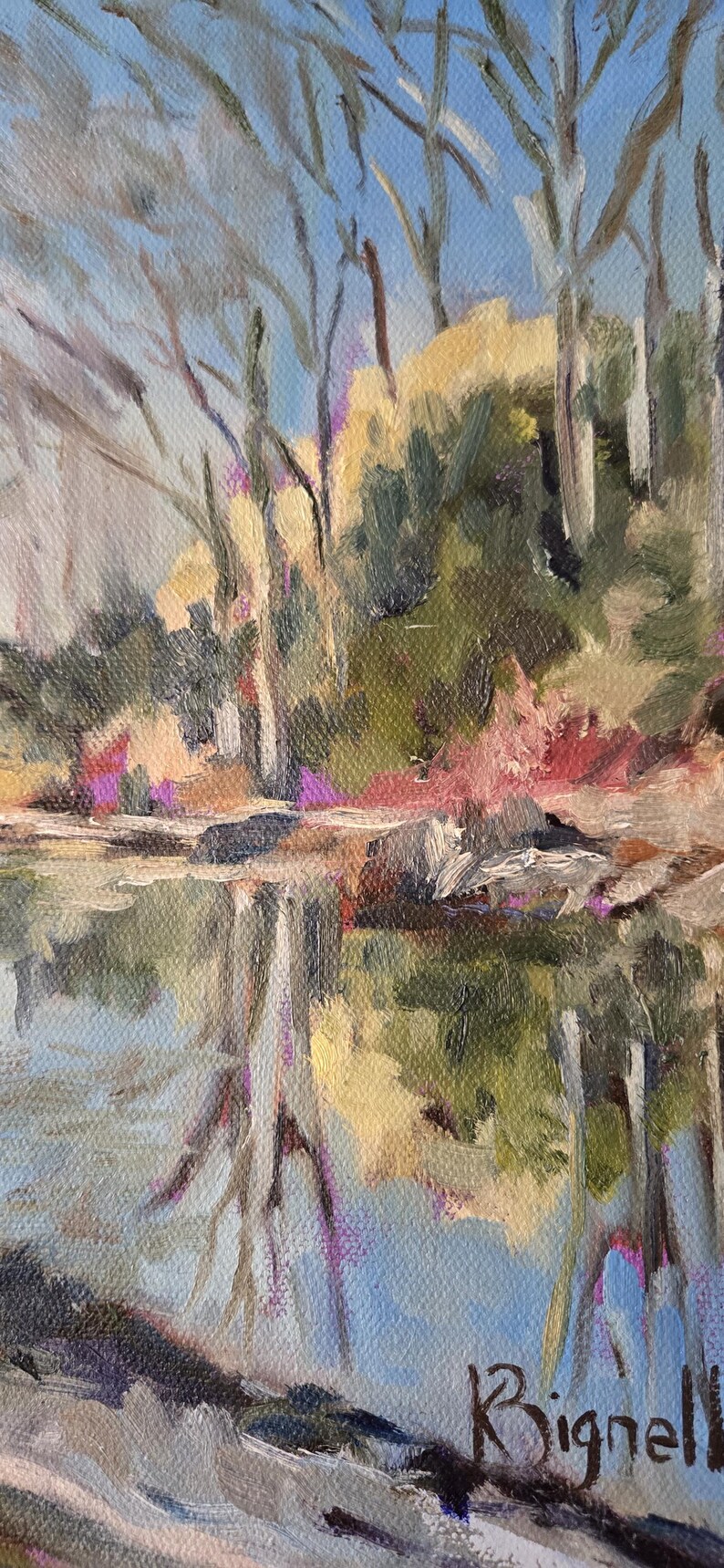May include: A painting of a forest scene with a reflection of the trees in a still body of water. The trees are bare and the water is a light blue color. The painting is signed "Rignell" in the bottom right corner.