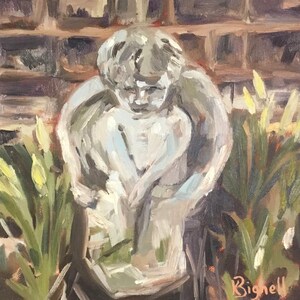 May include: A white stone angel statue with wings, sitting in a garden setting with green foliage and yellow flowers. The statue is weathered and has a distressed look. The artist's signature, "Bignell", is visible in the lower right corner.