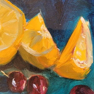 May include: A still life painting of lemon slices and red cherries on a blue background. The artist's signature, "Bignell", is visible in the bottom right corner.